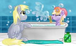 Size: 1024x627 | Tagged: safe, artist:sandy--apples, character:derpy hooves, character:dinky hooves, species:pegasus, species:pony, species:unicorn, bath, bathtub, blowing bubbles, cute, equestria's best daughter, equestria's best mother, female, filly, magic, mare