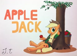 Size: 2428x1768 | Tagged: safe, artist:jet-ann, character:applejack, clothing, female, relaxing, solo, traditional art, tree, underhoof