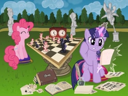 Size: 1024x768 | Tagged: safe, artist:alevgor, character:pinkie pie, character:twilight sparkle, book, chess, chessboard, chessboard incorrectly oriented, clock, competent chess player pinkie pie, ink, magic