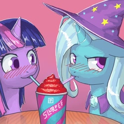 Size: 850x850 | Tagged: safe, artist:lurarin, character:trixie, character:twilight sparkle, species:pony, species:unicorn, ship:twixie, 7-eleven, blushing, colored pupils, drink, female, lesbian, mare, shipping, slurpee, tsundere