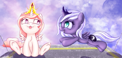 Size: 2915x1405 | Tagged: safe, artist:el42, artist:eltaile, character:princess celestia, character:princess luna, species:alicorn, species:pony, :3, blep, cewestia, crown, filly, jewelry, pink-mane celestia, s1 luna, tongue out, woona