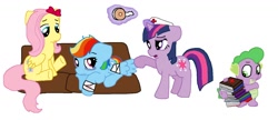 Size: 1362x586 | Tagged: safe, artist:bristlestream, character:fluttershy, character:rainbow dash, character:twilight sparkle, bandage, book, hair bow, injured, nurse