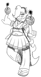 Size: 1035x1920 | Tagged: safe, artist:miikymod, oc, oc only, species:anthro, anthro oc, bomb, crossover, hibachi, monochrome, mushibugyou, sandals, solo