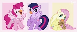 Size: 852x357 | Tagged: safe, artist:kiguren, character:fluttershy, character:pinkie pie, character:twilight sparkle, species:hippogriff, cute, diapinkes, eyes closed, frown, happy, hippo pie, hippogriffied, hipposhy, looking up, mouth hold, open mouth, raised hoof, sad, shyabetes, sitting, smiling, species swap, spread wings, wings