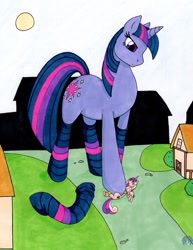 Size: 773x1000 | Tagged: safe, artist:tierafoxglove, character:princess cadance, character:twilight sparkle, species:pony, clothing, crush fetish, crushing, giant pony, giantess, hooves, macro, mega twilight sparkle, socks, stockings, striped socks, traditional art