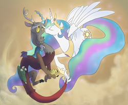 Size: 2943x2426 | Tagged: safe, artist:multiversecafe, character:discord, character:princess celestia, species:alicorn, species:draconequus, species:pony, ship:dislestia, antlers, cloud, cloudy, cutie mark, female, flying, high res, horn, jewelry, kissing, male, regalia, shipping, sparkles, straight, wings