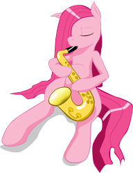 Size: 2752x3583 | Tagged: safe, artist:distoorted, character:pinkamena diane pie, character:pinkie pie, species:earth pony, species:pony, eyes closed, female, hair over one eye, mare, musical instrument, saxophone, simple background, solo, transparent background