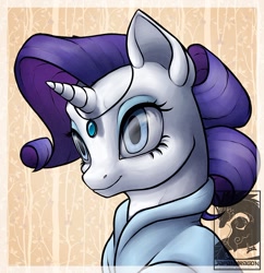 Size: 900x929 | Tagged: safe, artist:chubby-kirin, character:rarity, species:pony, species:unicorn, bust, clothing, dress, eyeshadow, female, jewelry, makeup, mare, portrait, smiling, solo