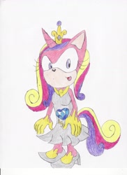 Size: 2500x3428 | Tagged: safe, artist:bluespeedsfan92, character:princess cadance, species:anthro, species:plantigrade anthro, female, solo, sonic the hedgehog (series), sonicified, style emulation, traditional art