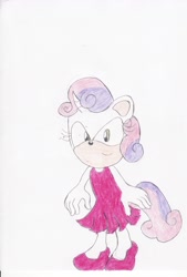 Size: 2280x3376 | Tagged: safe, artist:bluespeedsfan92, character:sweetie belle, species:anthro, species:plantigrade anthro, clothing, dress, female, solo, sonic the hedgehog (series), sonicified, style emulation, traditional art