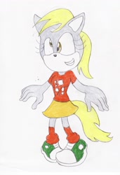 Size: 2088x3056 | Tagged: safe, artist:bluespeedsfan92, character:derpy hooves, species:anthro, species:plantigrade anthro, female, solo, sonic the hedgehog (series), sonicified, style emulation, traditional art