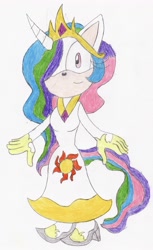 Size: 1912x3120 | Tagged: safe, artist:bluespeedsfan92, character:princess celestia, species:anthro, species:plantigrade anthro, female, solo, sonic the hedgehog (series), sonicified, style emulation, traditional art