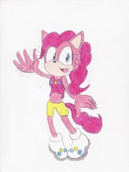 Size: 2488x3300 | Tagged: safe, artist:bluespeedsfan92, character:pinkie pie, species:anthro, species:plantigrade anthro, female, solo, sonic the hedgehog (series), sonicified, style emulation, traditional art