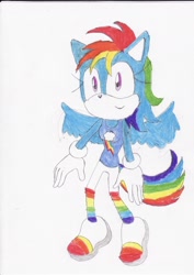 Size: 2368x3336 | Tagged: safe, artist:bluespeedsfan92, character:rainbow dash, species:anthro, species:plantigrade anthro, female, request, solo, sonic the hedgehog (series), sonicified, style emulation, traditional art