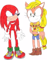 Size: 2475x3149 | Tagged: safe, artist:bluespeedsfan92, character:applejack, species:anthro, species:plantigrade anthro, appleknux, crossover, crossover shipping, female, interspecies, knuckles the echidna, love, male, shipping, sonic the hedgehog (series), sonicified, straight, style emulation, traditional art