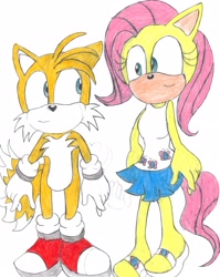 Size: 2424x3040 | Tagged: safe, artist:bluespeedsfan92, character:fluttershy, species:anthro, species:plantigrade anthro, crossover, crossover shipping, female, fluttertails, interspecies, love, male, miles "tails" prower, shipping, sonic the hedgehog (series), sonicified, straight, style emulation, traditional art