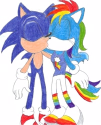Size: 2370x2930 | Tagged: safe, artist:bluespeedsfan92, character:rainbow dash, character:sonic the hedgehog, species:anthro, species:plantigrade anthro, crossover, crossover shipping, female, interspecies, kissing, love, male, shipping, sonic the hedgehog (series), sonicdash, sonicified, straight, style emulation, traditional art