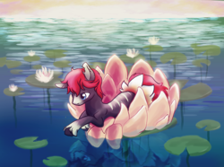 Size: 1600x1188 | Tagged: safe, artist:bedupolker, oc, oc only, oc:yew, flower, scenery, solo, water, water lily