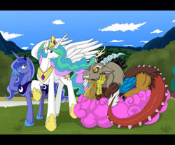 Size: 765x634 | Tagged: safe, artist:himanuts, character:discord, character:princess celestia, character:princess luna, species:alicorn, species:draconequus, species:pony, cloud, cotton candy, cotton candy cloud, female, food, male