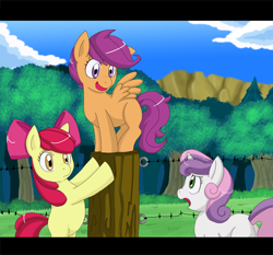 Size: 800x746 | Tagged: safe, artist:himanuts, character:apple bloom, character:scootaloo, character:sweetie belle, cutie mark crusaders, fence