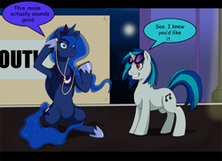 Size: 800x581 | Tagged: safe, artist:himanuts, character:dj pon-3, character:princess luna, character:vinyl scratch, duo, earbuds