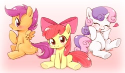 Size: 1000x587 | Tagged: dead source, safe, artist:azuharu, character:apple bloom, character:scootaloo, character:sweetie belle, species:earth pony, species:pegasus, species:pony, species:unicorn, :3, :o, adorabloom, blushing, bow, cute, cutealoo, cutie mark crusaders, diasweetes, eyes closed, female, filly, hair bow, looking at you, looking back, open mouth, sitting, smiling, squishy cheeks, underhoof