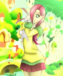 Size: 1600x1920 | Tagged: safe, artist:arucardpl, artist:robothehoobo, character:angel bunny, character:fluttershy, species:human, clothing, female, fluttershy's cottage, hair over one eye, humanized, skirt