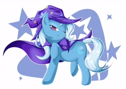 Size: 5905x4169 | Tagged: dead source, safe, artist:zaiyaki, character:trixie, species:pony, species:unicorn, g4, absurd resolution, cape, clothing, cutie mark background, female, hat, mare, one eye closed, photoshop, pixiv, raised hoof, solo, trixie's cape, trixie's hat, wink
