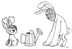 Size: 1240x838 | Tagged: safe, artist:subtlepixel, character:apple bloom, character:rover, species:diamond dog, bunny bloom, bunny costume, clothing, monochrome, watering can