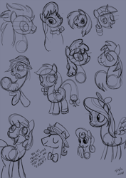 Size: 1240x1753 | Tagged: safe, artist:subtlepixel, character:apple fritter, character:berry punch, character:berryshine, character:big mcintosh, character:cheerilee, character:daring do, character:flim, character:flitter, character:octavia melody, character:rainbow dash, character:soarin', character:twilight sparkle, species:earth pony, species:pegasus, species:pony, species:unicorn, apple family member, bow, bow tie, clothing, eyes closed, female, hair bow, hat, male, mare, monochrome, sketch dump, stallion