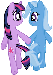Size: 1600x2260 | Tagged: safe, artist:transparentpony, character:trixie, character:twilight sparkle, species:pony, ship:twixie, bipedal, female, intertwined tails, lesbian, shipping, smiling