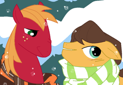 Size: 701x488 | Tagged: safe, artist:darkwingsnark, character:big mcintosh, character:caramel, species:earth pony, species:pony, ship:caramac, blushing, clothing, gay, male, ms paint, scarf, shipping, snow, snowfall, stallion