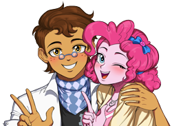 Size: 820x599 | Tagged: safe, artist:nairdags, character:pinkie pie, oc, oc:copper plume, species:human, g4, humanized, looking at you, peace sign, shipping