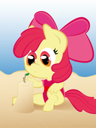 Size: 1728x2304 | Tagged: safe, artist:pinksaphires, character:apple bloom, species:anthro, beach, clothing, female, one-piece swimsuit, sandcastle, solo, swimsuit