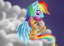 Size: 899x644 | Tagged: safe, artist:robbergon, character:rainbow dash, character:scootaloo, cloud, night, stars