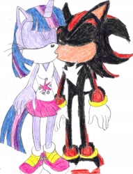 Size: 2282x2988 | Tagged: safe, artist:bluespeedsfan92, character:twilight sparkle, species:anthro, background pony strikes again, crossover, crossover shipping, female, interspecies, kissing, male, shadow the hedgehog, shadtwi, shipping, sonic the hedgehog (series), sonicified, straight, style emulation