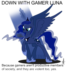 Size: 2012x2200 | Tagged: safe, artist:ardas91, character:princess luna, gamer luna, 3ds, down with molestia, drama, female, meme, op is a duck, op is trying to start shit, solo, text, troll, video game