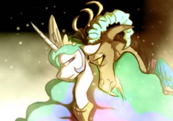 Size: 612x432 | Tagged: safe, artist:geckofly, character:discord, character:princess celestia, ship:dislestia, female, male, shipping, straight