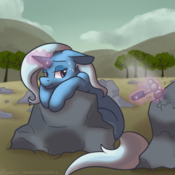 Size: 1000x1000 | Tagged: safe, artist:thundershock0823, character:trixie, species:pony, species:unicorn, female, hammer, magic, mare, rock farm, solo, sweat