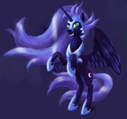Size: 959x900 | Tagged: dead source, safe, artist:steamroller988, character:nightmare moon, character:princess luna, species:alicorn, species:pony, fangs, female, helmet, hoof shoes, jewelry, mare, peytral, rearing, regalia, smiling, solo