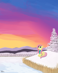 Size: 1540x1925 | Tagged: safe, artist:shiropoint, character:fluttershy, clothing, female, scarf, snow, solo, winter