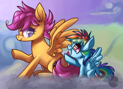 Size: 550x400 | Tagged: safe, artist:lunchwere, character:rainbow dash, character:scootaloo, role reversal