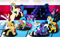 Size: 1200x750 | Tagged: safe, artist:emeraldpony, character:pinkie pie, character:princess celestia, character:princess luna, character:rainbow dash, character:spike, character:twilight sparkle, character:wild fire, oc, oc:cteno, oc:fausticorn, oc:madmax, species:alicorn, species:dragon, species:earth pony, species:pegasus, species:pony, species:unicorn, g4, alicorn oc, female, lauren faust, male, mare, party, turntable