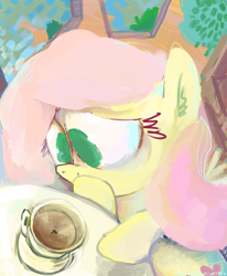 Size: 700x850 | Tagged: safe, artist:doctorpepperphd, character:fluttershy, cup, drink, female, fly, solo, tea