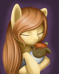 Size: 2000x2500 | Tagged: safe, artist:renatethepony, character:button mash, oc, oc:cream heart, species:pony, baby, baby pony, foal, mother and son, sleeping