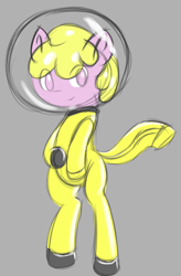 Size: 325x495 | Tagged: safe, artist:retl, oc, oc only, oc:puppysmiles, species:earth pony, species:pony, fallout equestria, bipedal, fallout equestria: pink eyes, fanfic, fanfic art, female, filly, gray background, hazmat suit, hooves, simple background, solo