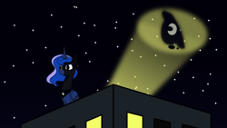 Size: 1280x720 | Tagged: safe, artist:secret-asian-man, character:princess luna, species:alicorn, species:pony, ask the princess of night, bat signal, batman, building, cutie mark, female, frown, glare, mare, mask, night, serious, serious face, sitting, sky, solo, stars