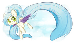 Size: 1000x577 | Tagged: safe, artist:vella, oc, oc only, oc:star chaser, species:pegasus, species:pony, colored wings, flying, long mane, long tail, ponytail, solo