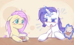 Size: 792x480 | Tagged: safe, artist:steve, character:fluttershy, character:rarity, blushing, drink, drunk, drunk rarity, drunkershy, levitation, magic, pixiv