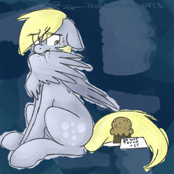 Size: 894x894 | Tagged: safe, artist:thundershock0823, character:derpy hooves, species:pegasus, species:pony, female, floppy ears, mare, muffin, preening, solo, sweat, wing bite